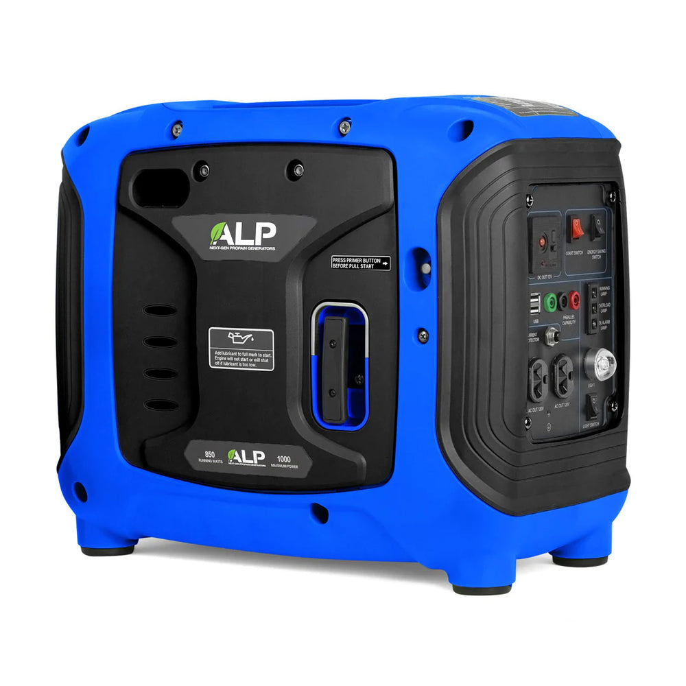 ALP 1000W Portable Propane Generator Blue and Black Left Side View and Front View