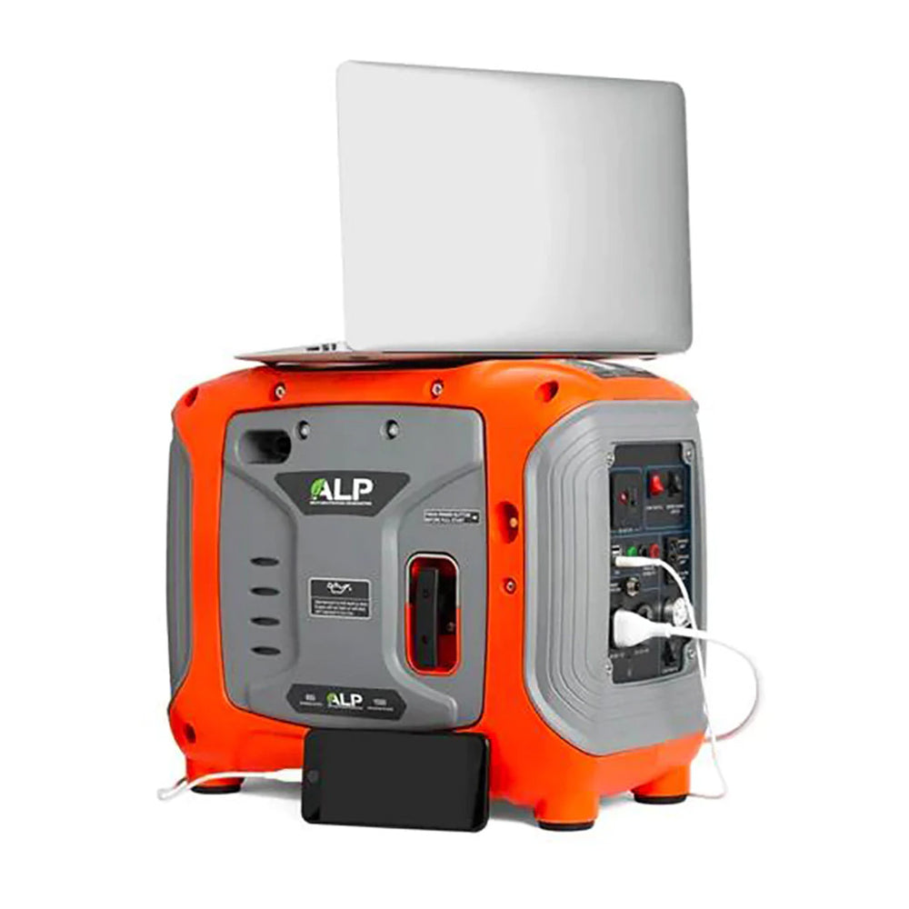ALP 1000W Portable Propane Generator Orange and Gray Charging a Smartphone and a Laptop