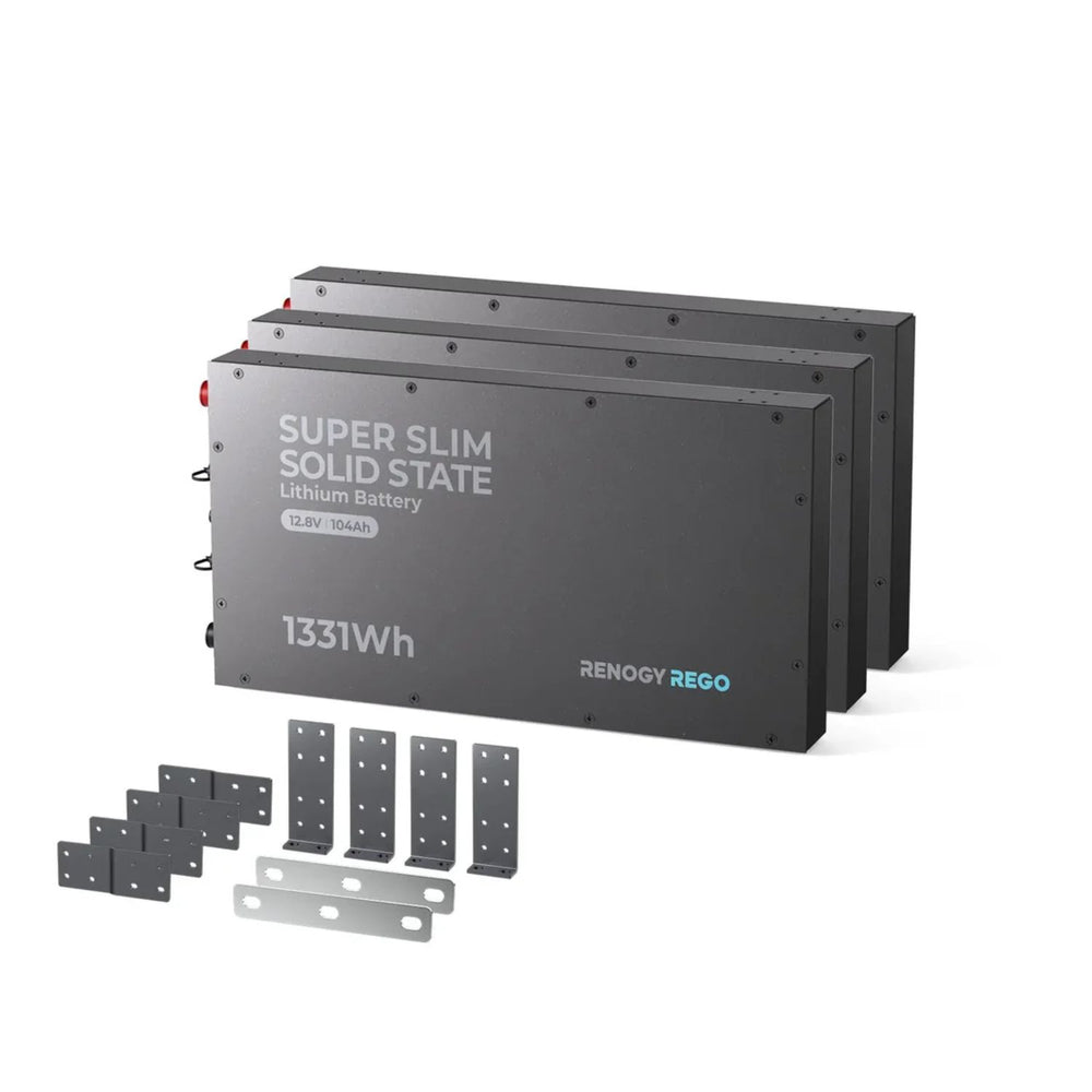 Three Renogy 12V 104Ah Super Slim Lithium Iron Phosphate Battery with accessories on a white background