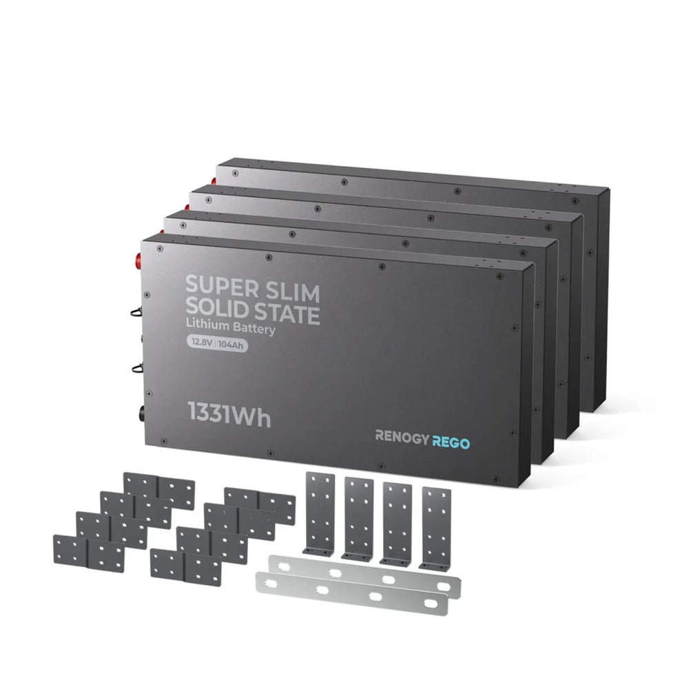 Four Renogy 12V 104Ah Super Slim Lithium Iron Phosphate Battery with accessories on a white background