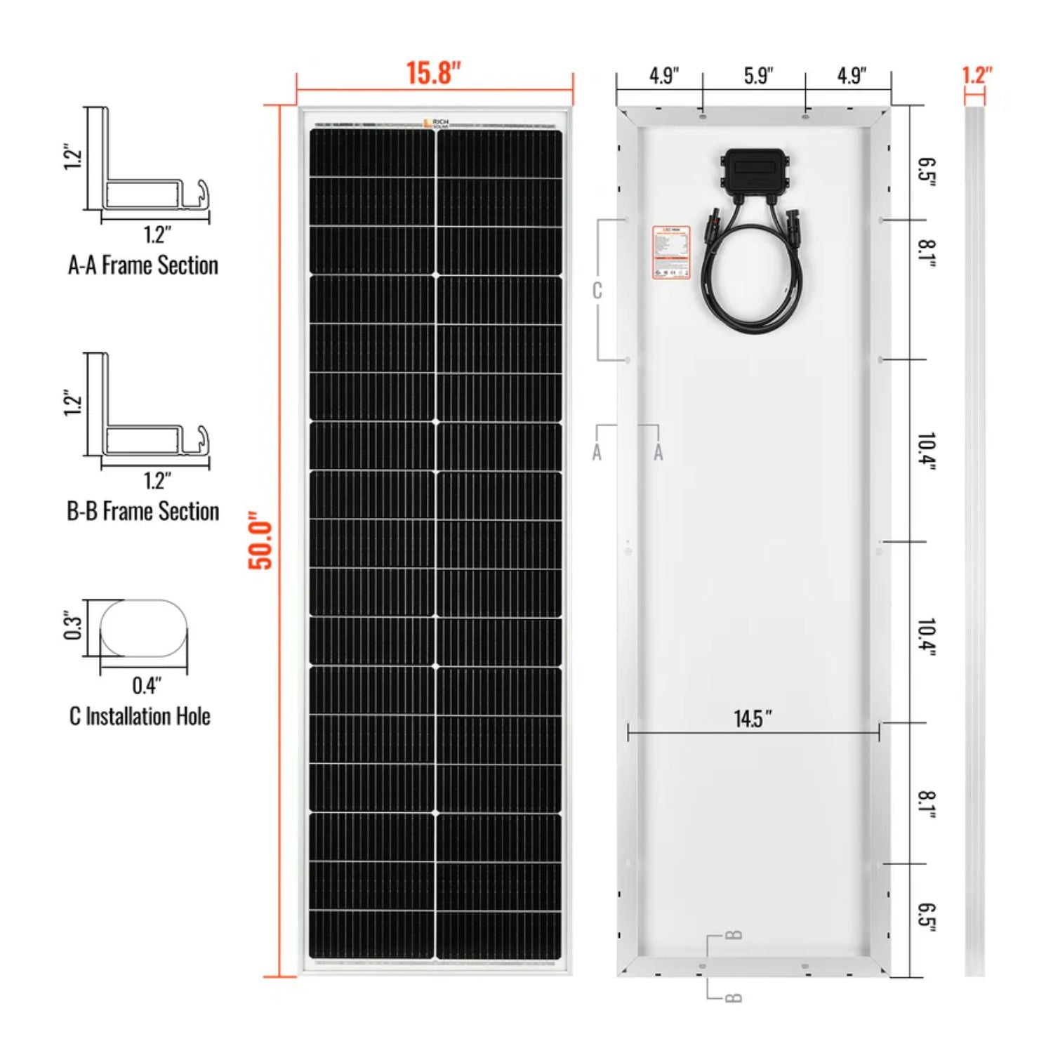 Rich Solar MEGA 100 SLIM 100 Watt Slim Solar Panel | Compact 12V Off-Grid Narrow Solar Panel for Vans, Overlanders, Boats | 25-Year Output Warranty