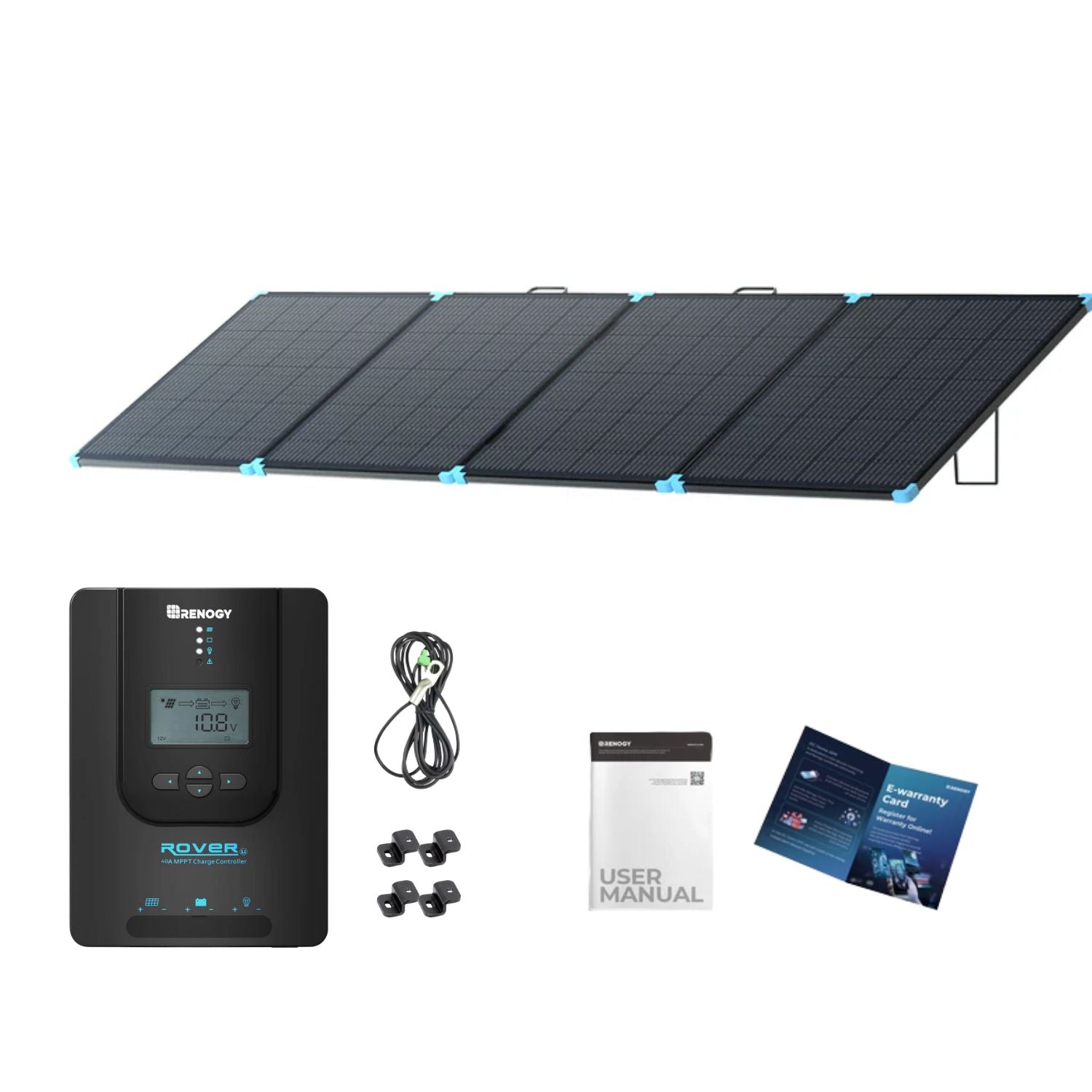 One piece of Renogy Solar Suitcase 400W Lightweight Portable Solar Panel with a user manual and warranty card and a  Renogy 40A MPPT Charge Controller