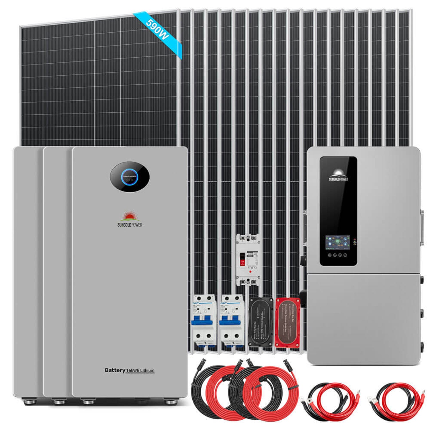 12kW hybrid kit with 18 x 590W panels, three PowerMax batteries and SGS-12K18MAX hybrid inverter