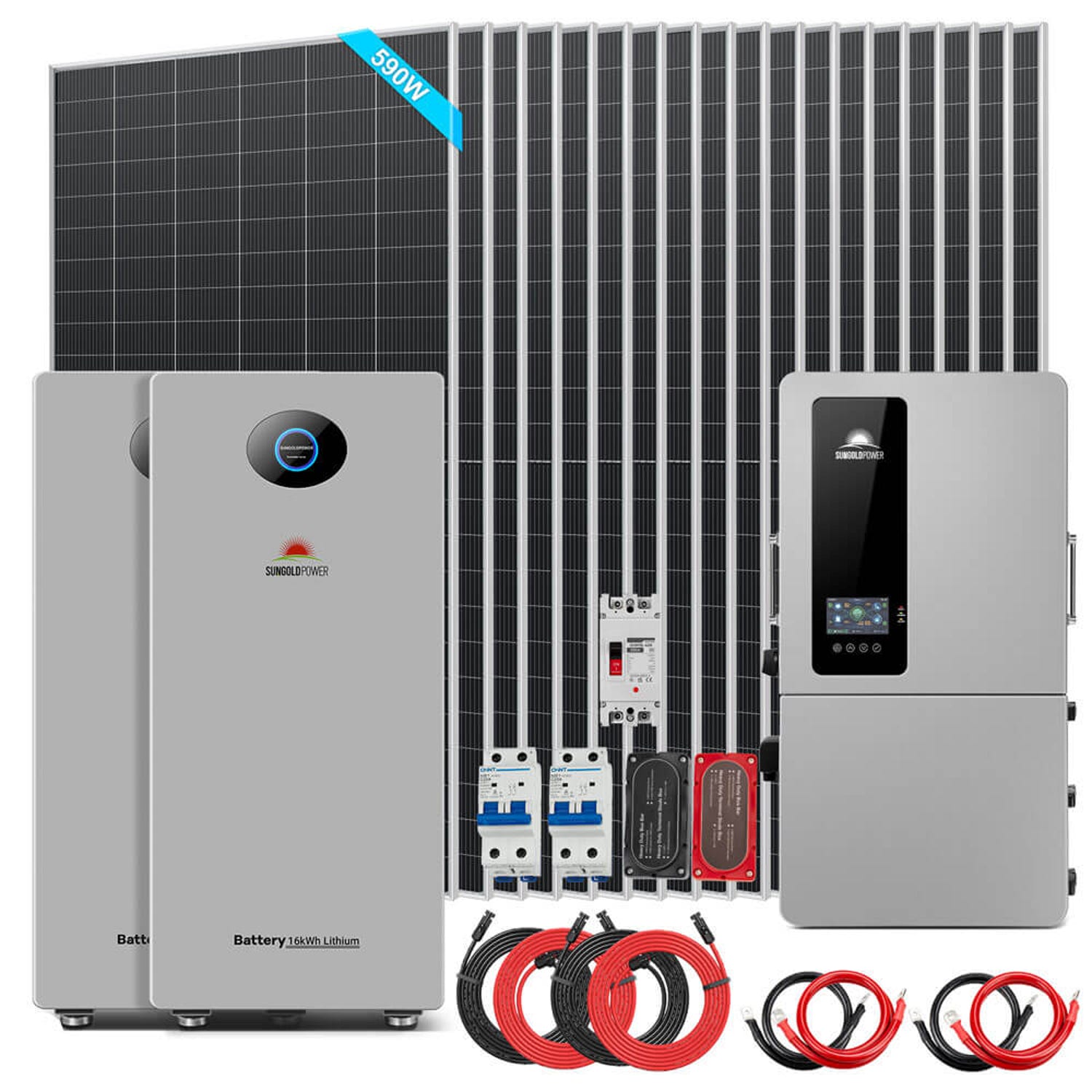 12kW hybrid kit with 18 x 590W panels, two PowerMax batteries, 300A DC breaker and 400A bus bars