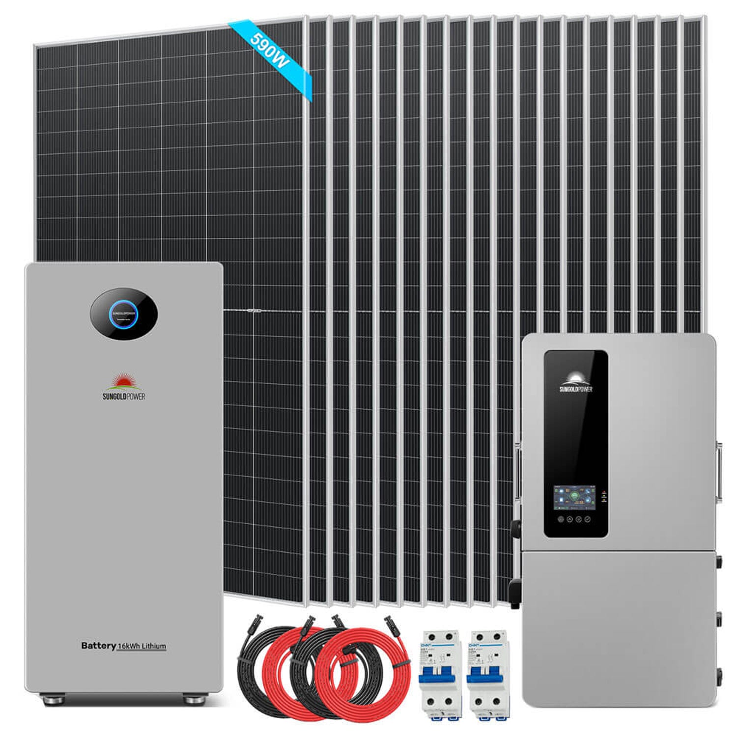 12kW hybrid kit with 18 x 590W silver-frame panels, one PowerMax battery, inverter, solar cables and PV breakers