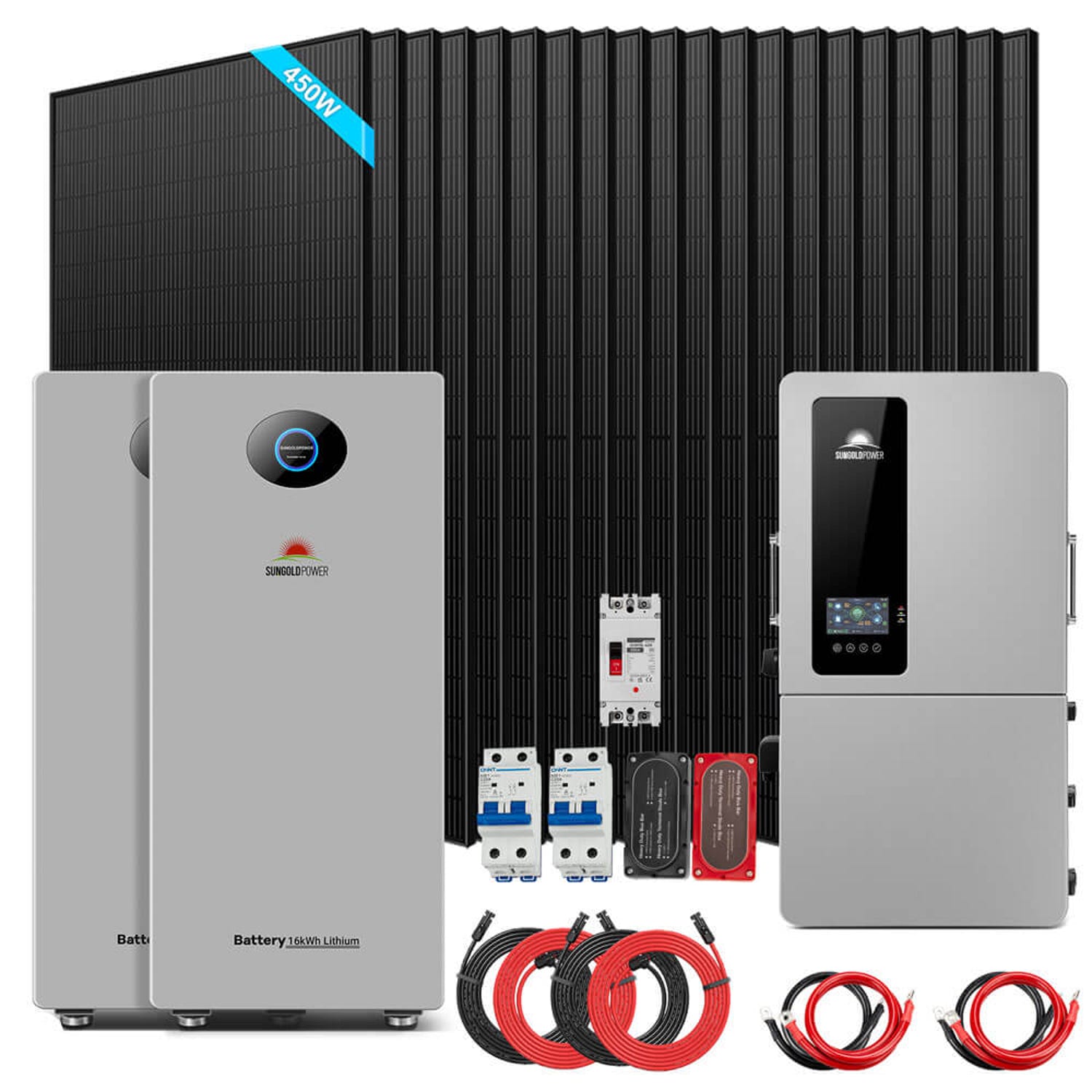 12kW hybrid kit with 20 x 450W panels, two PowerMax batteries, DC breaker, bus bars and battery cables