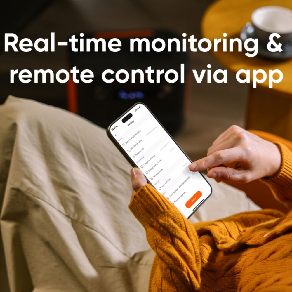 Person using a smartphone with app interface, text 'Real-time monitoring & remote control via app' above. of your Jackery Explorer 1500 v2 Portable Power Station