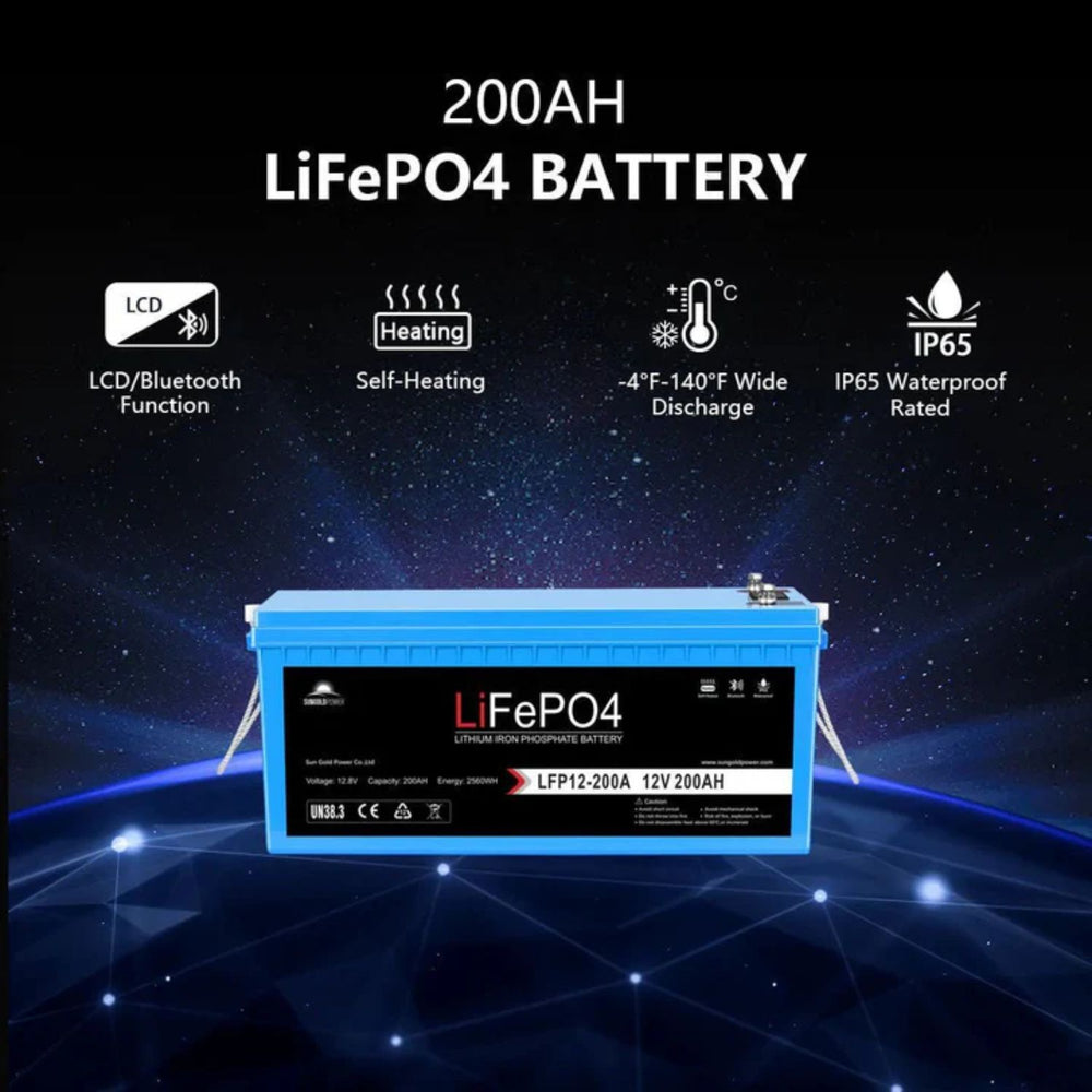 200AH LiFePO4 battery with features listed on a dark background