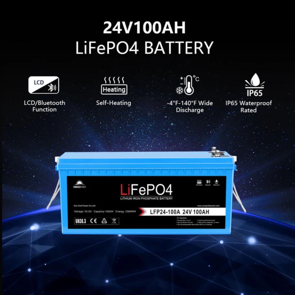 24V100AH LiFePO4 battery with features on a dark background