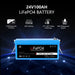 24V100AH LiFePO4 battery with features on a dark background