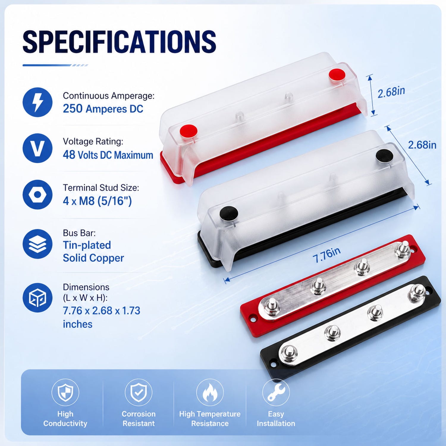 250A 48VDC bus bar specifications graphic with stud size and dimensions in inches