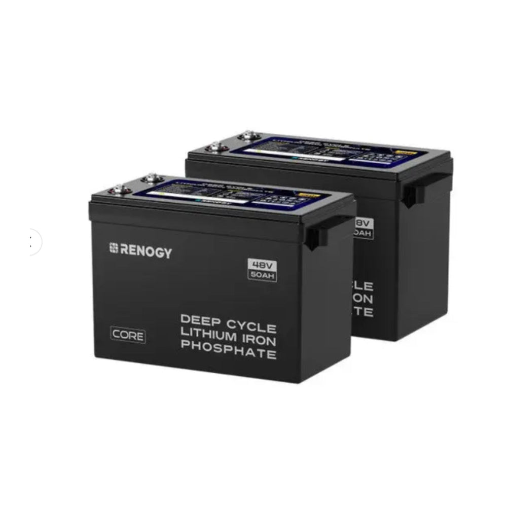 Two Renogy 48V 50Ah Smart Lithium Iron Phosphate Battery  on a white background