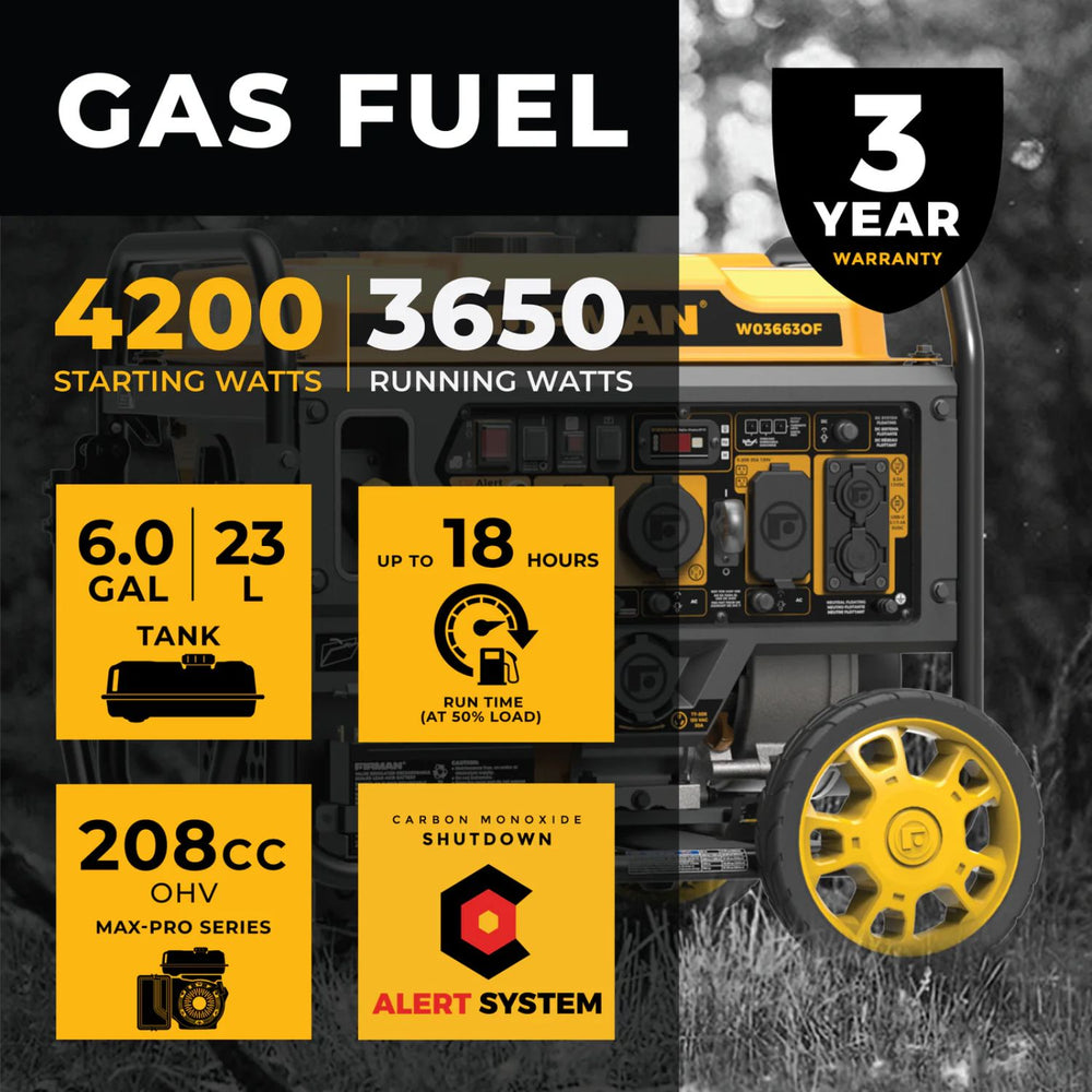 Firman W03663OF Gasoline 3650W/4500W Inverter Open Frame Portable Generator | Remote Start | CO Alert