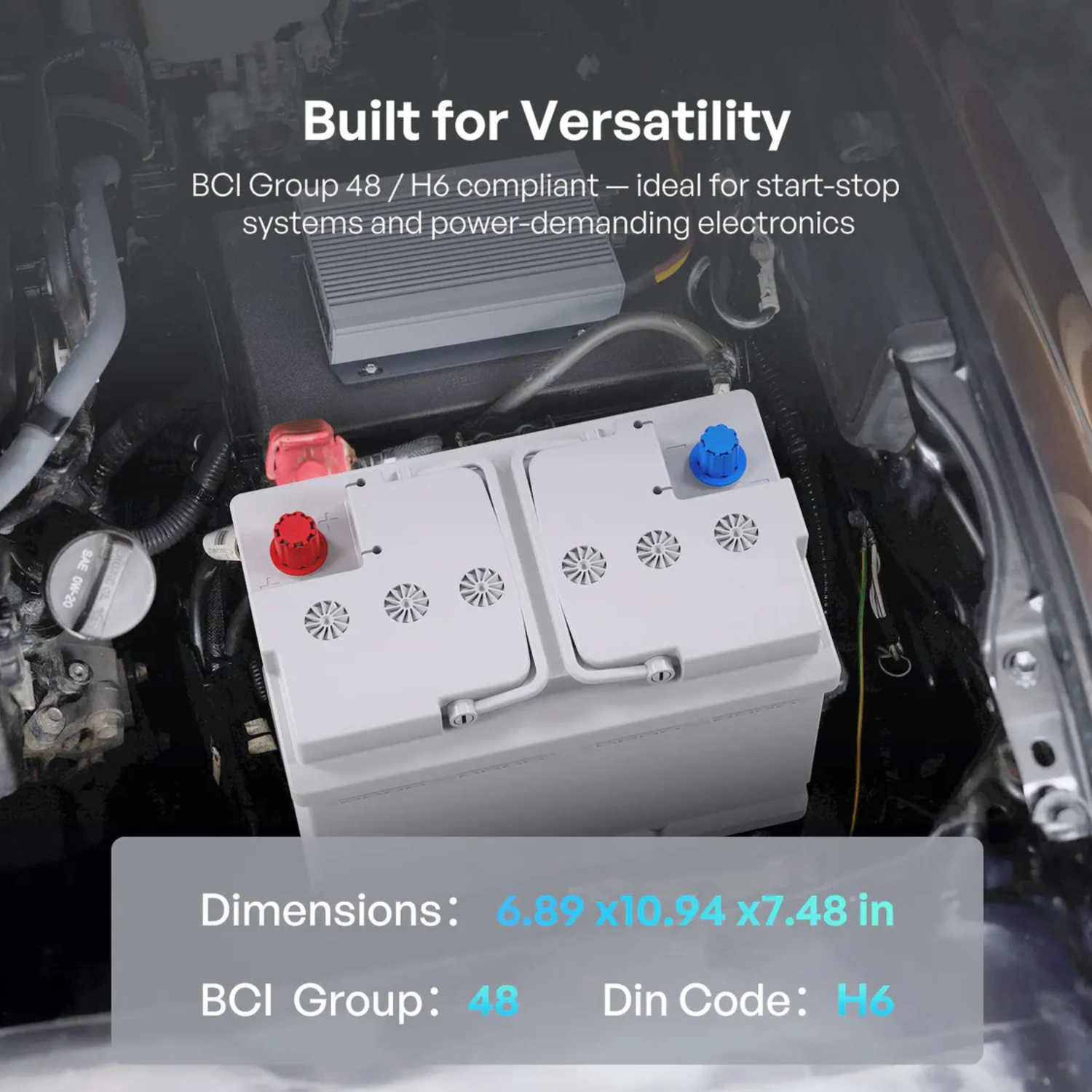 Car battery with technical specifications displayed on a dark background