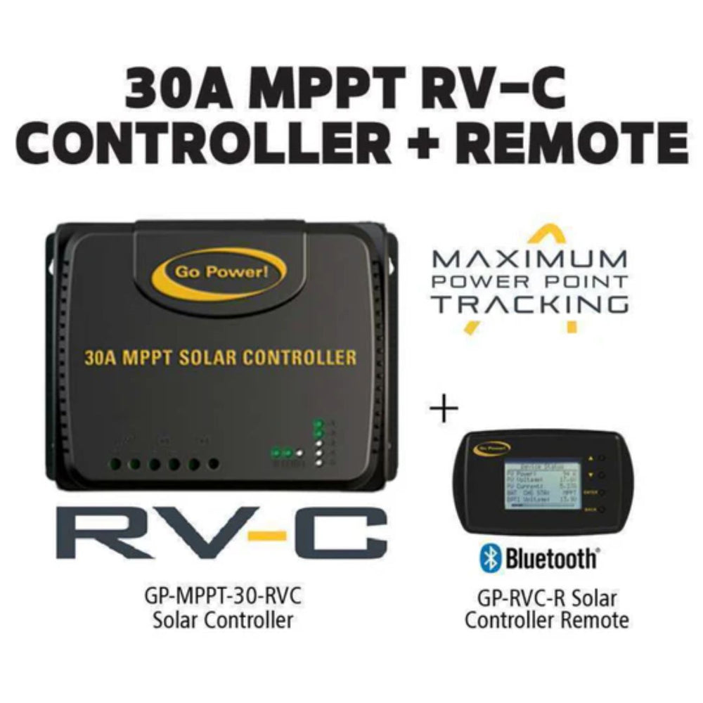 30A MPPT RV-C Controller and Remote with Go Power! branding on a white background