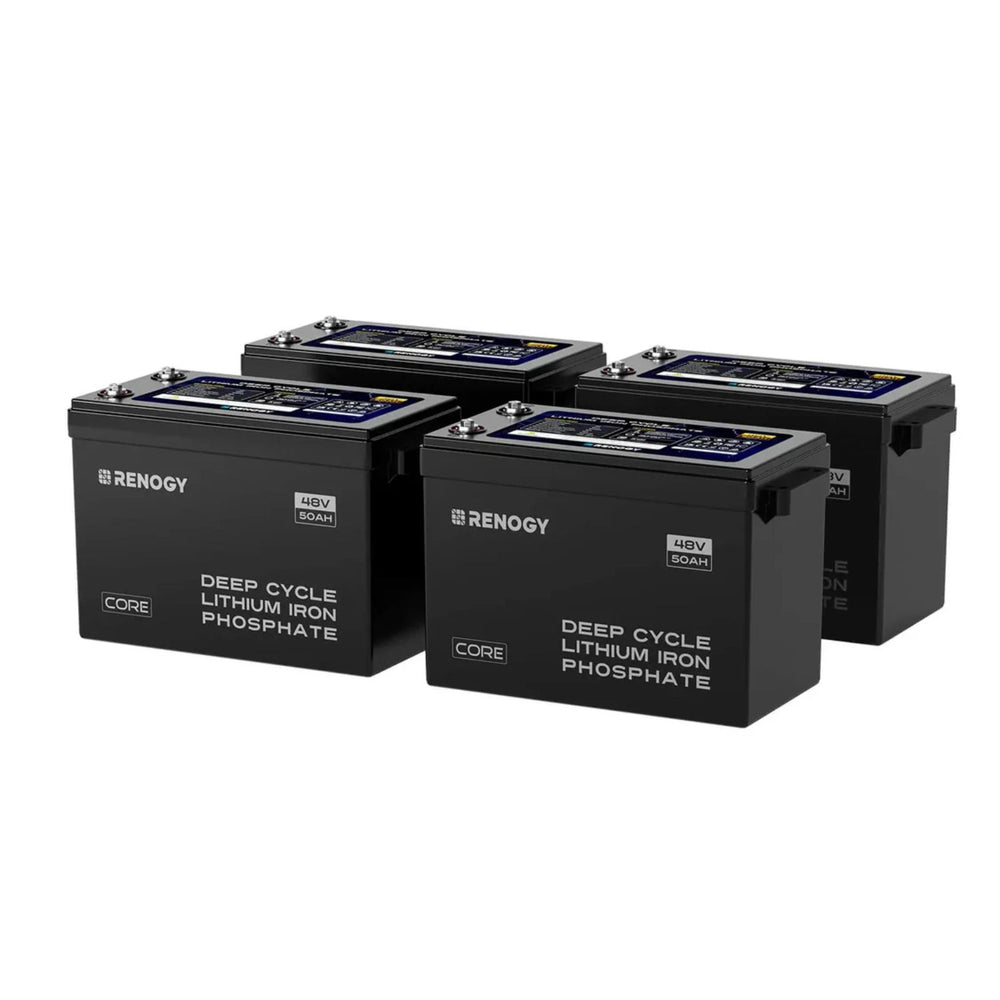 Four Renogy 48V 50Ah Smart Lithium Iron Phosphate Battery  on a white background