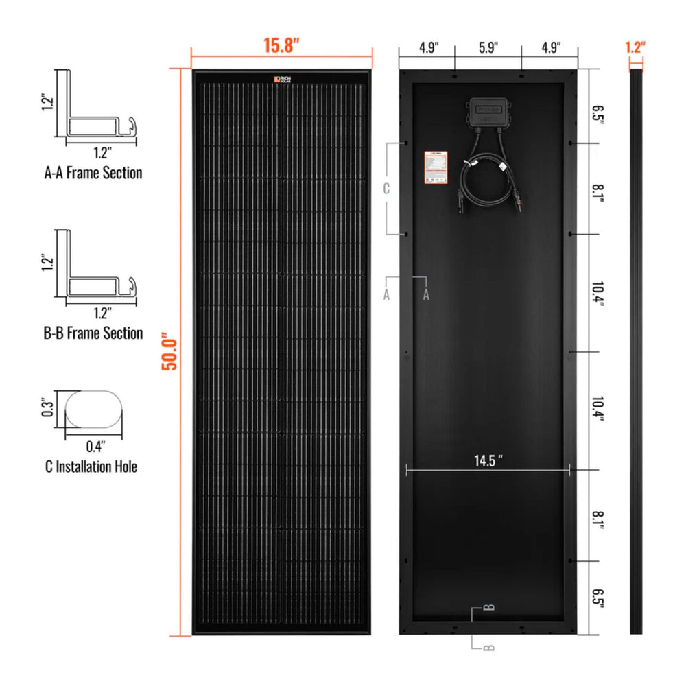 Rich Solar MEGA 100 SLIM 100 Watt Slim Solar Panel | Compact 12V Off-Grid Narrow Solar Panel for Vans, Overlanders, Boats | 25-Year Output Warranty
