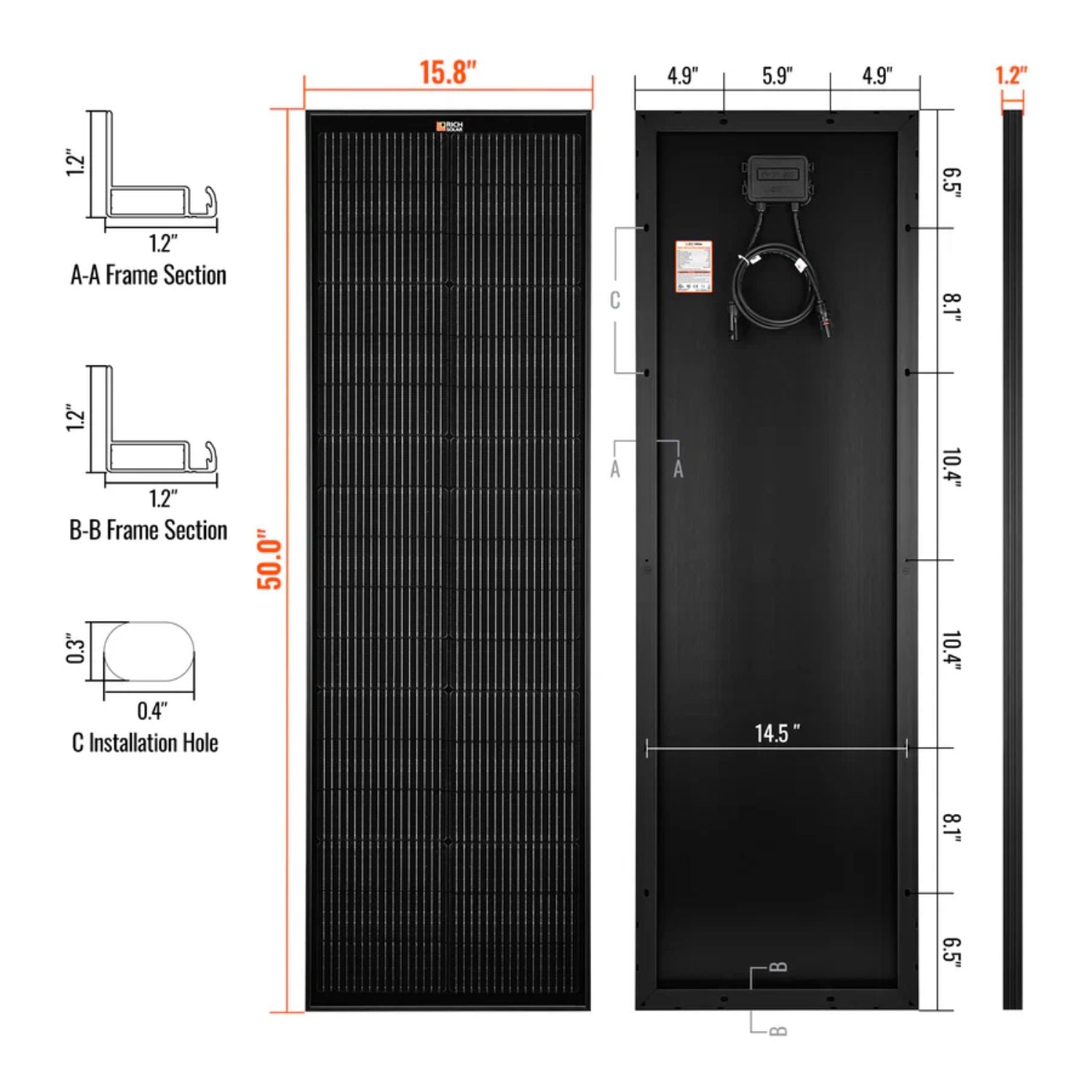 Rich Solar MEGA 100 SLIM 100 Watt Slim Solar Panel | Compact 12V Off-Grid Narrow Solar Panel for Vans, Overlanders, Boats | 25-Year Output Warranty