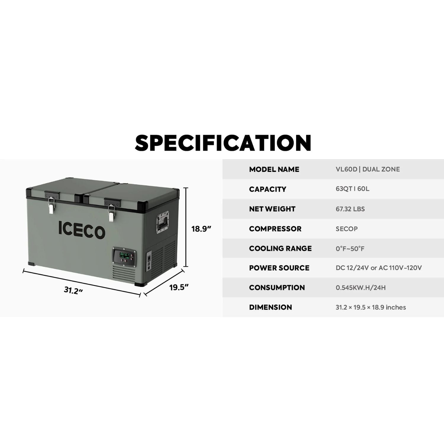 ICECO VL60 Dual Zone Metal Freezer with Cover 60LT specifications