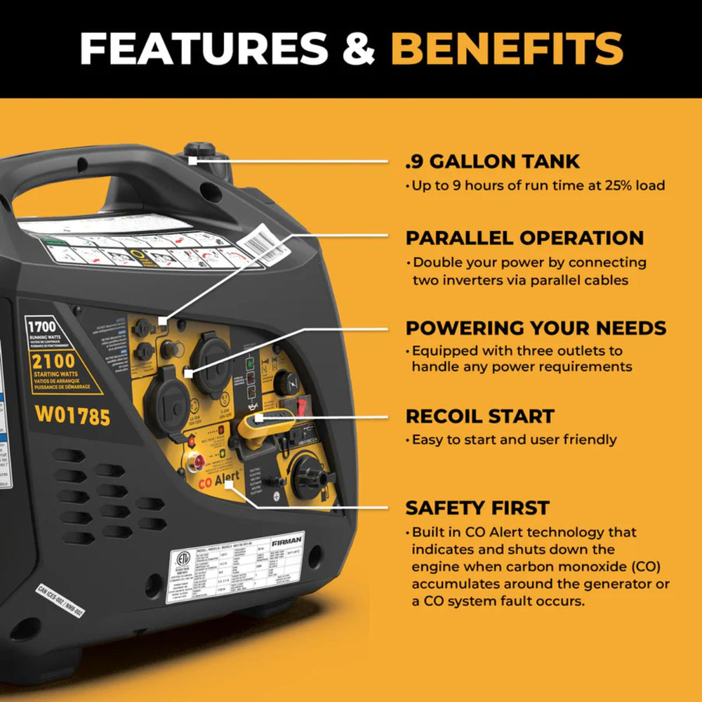 Firman W01785 Gasoline 1700W/2100W Inverter Portable Generator | Recoil Start | CO Alert