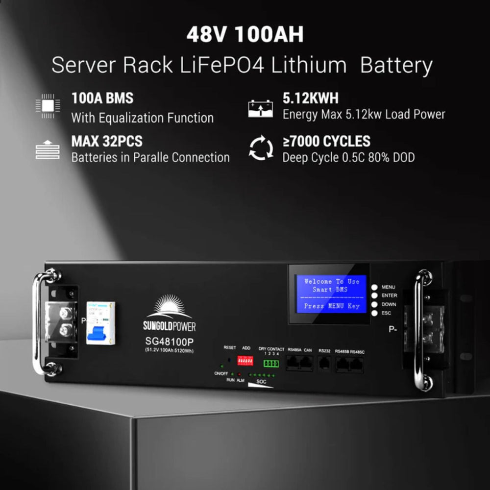 48V 100AH Server Rack LiFePO4 Lithium Battery with technical specifications on a dark background