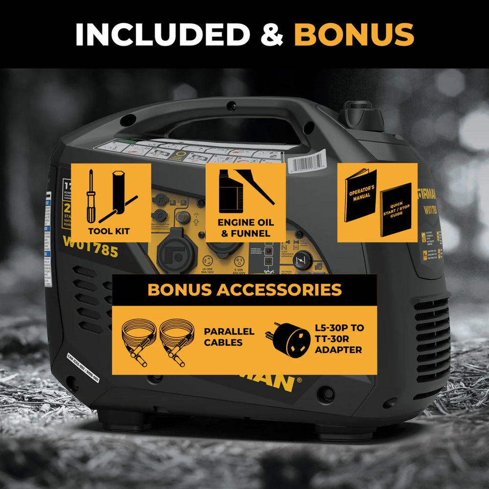 Firman W01785 Gasoline 1700W/2100W Inverter Portable Generator | Recoil Start | CO Alert