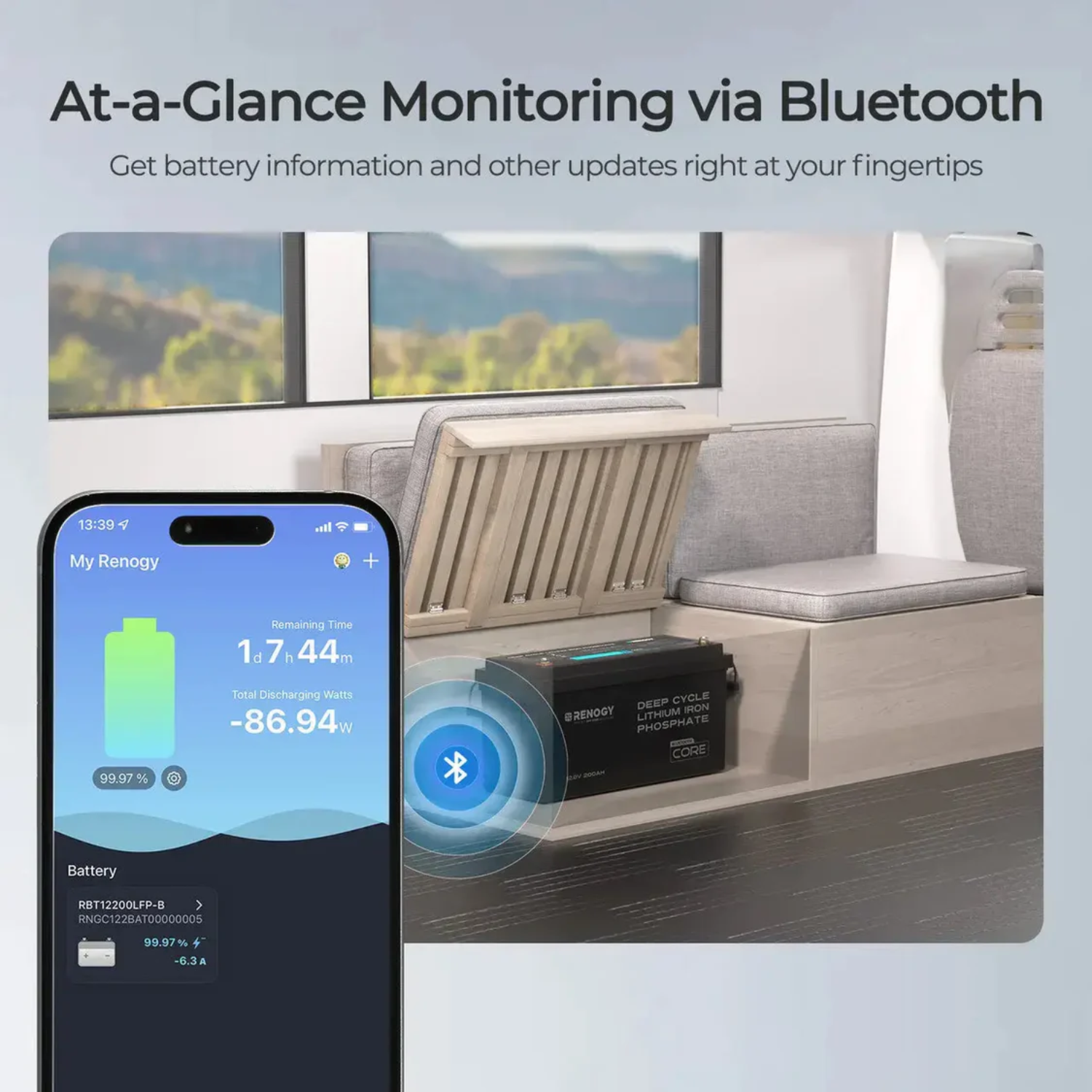 Smart battery monitoring system with smartphone app displayed, showing Bluetooth connectivity.