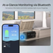 Smart battery monitoring system with smartphone app displayed, showing Bluetooth connectivity.