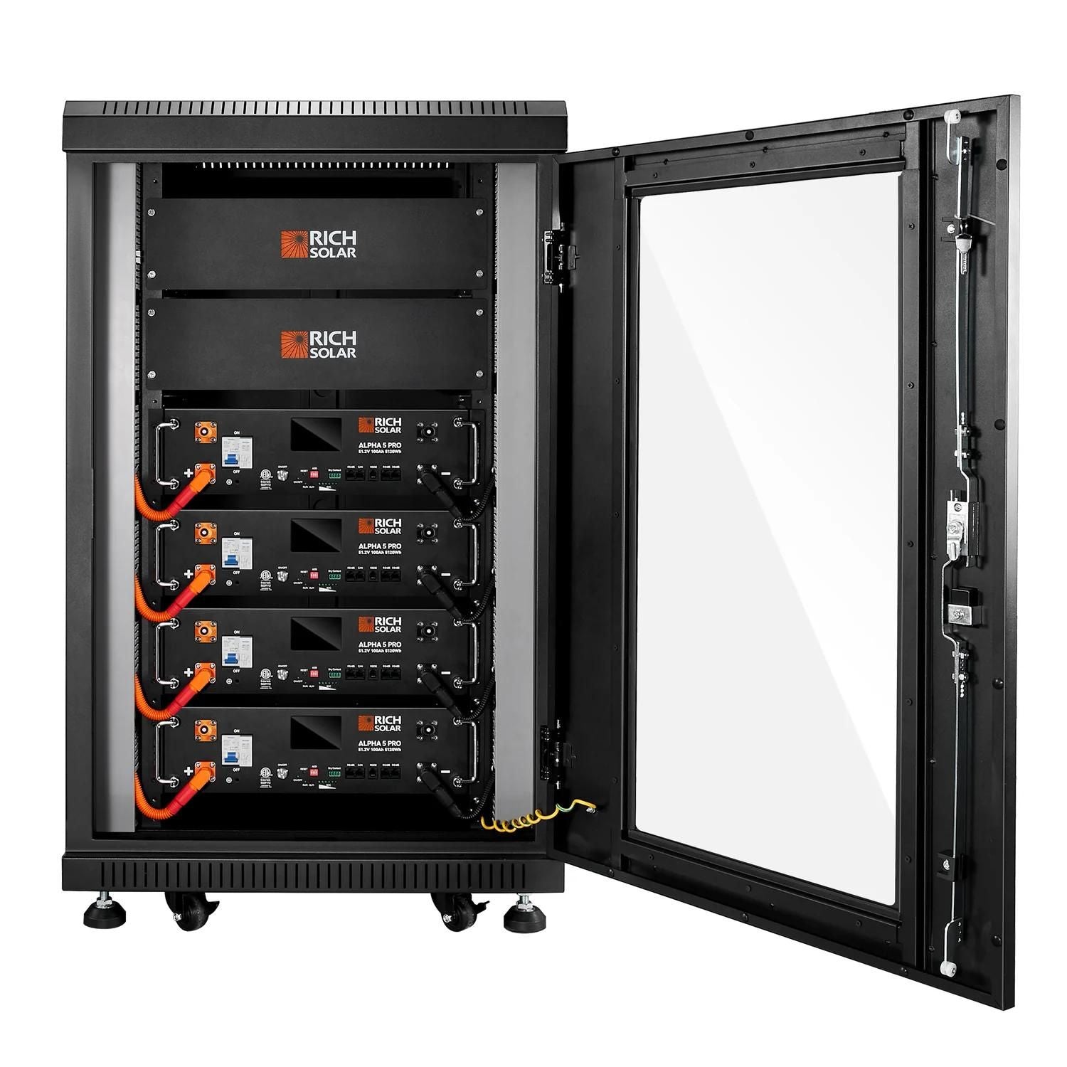 4 Rich Solar ALPHA 5 PRO 51.2V inside server rack open door