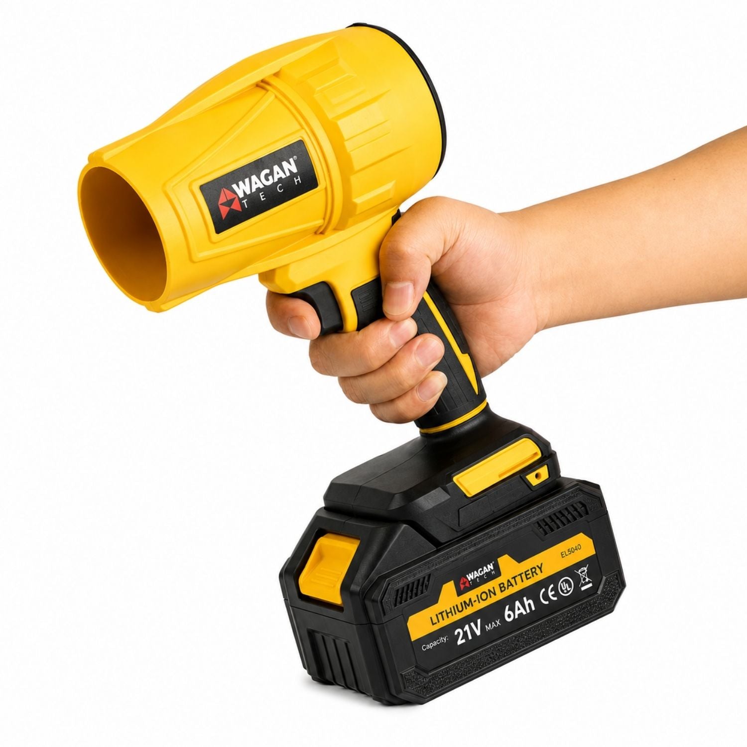 Wagan Lithium-Ion Battery 21V 6A attached to a blower.