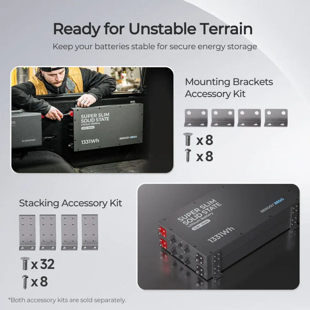 Renogy 12V 104Ah Super Slim Lithium Iron Phosphate Battery with mounting brackets and stacking accessories on a gray background