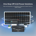 Solar panel, battery, and inverter with text 'One-Stop Off-Grid Power Solutions' on a blue background.