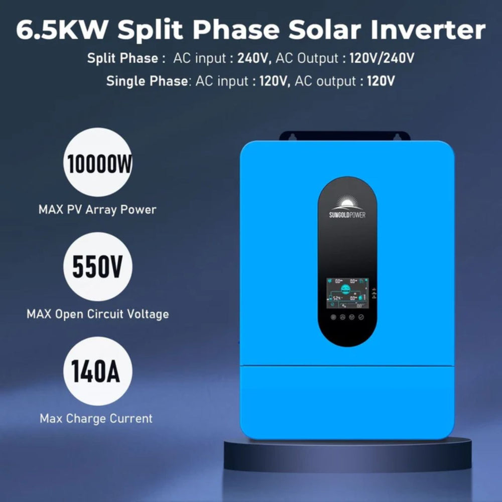 6.5KW Split Phase Solar Inverter with specifications on a blue background