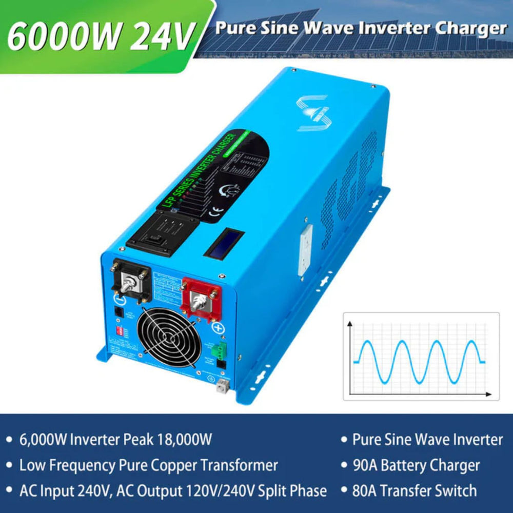 6000W 24V pure sine wave inverter charger with specifications on a white background