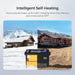 Renogy 48V 50Ah Smart Lithium Iron Phosphate Battery  with text about intelligent self-heating in a snowy landscape with cabins.