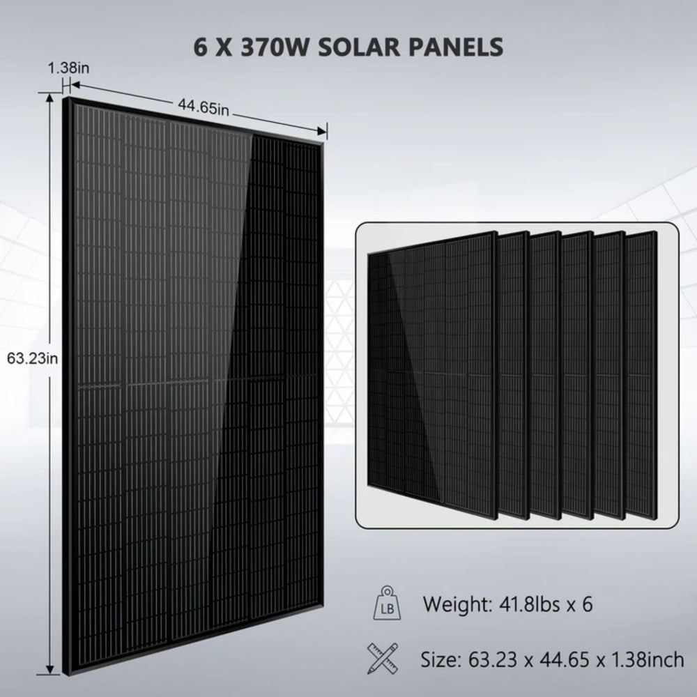 6 x 370W Solar panel with dimensions and weight information on a gray background