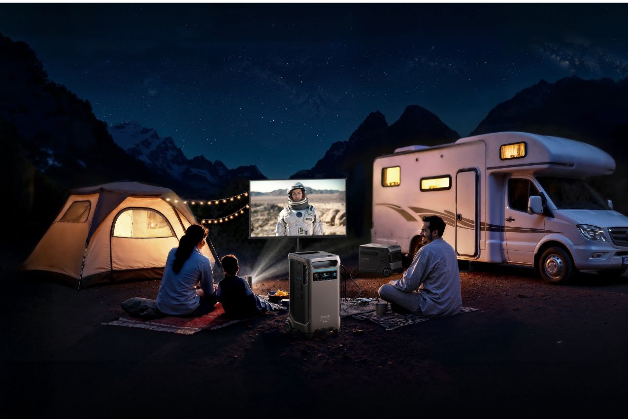 Anker SOLIX F3800 Plus Power Station being used by three people while camping