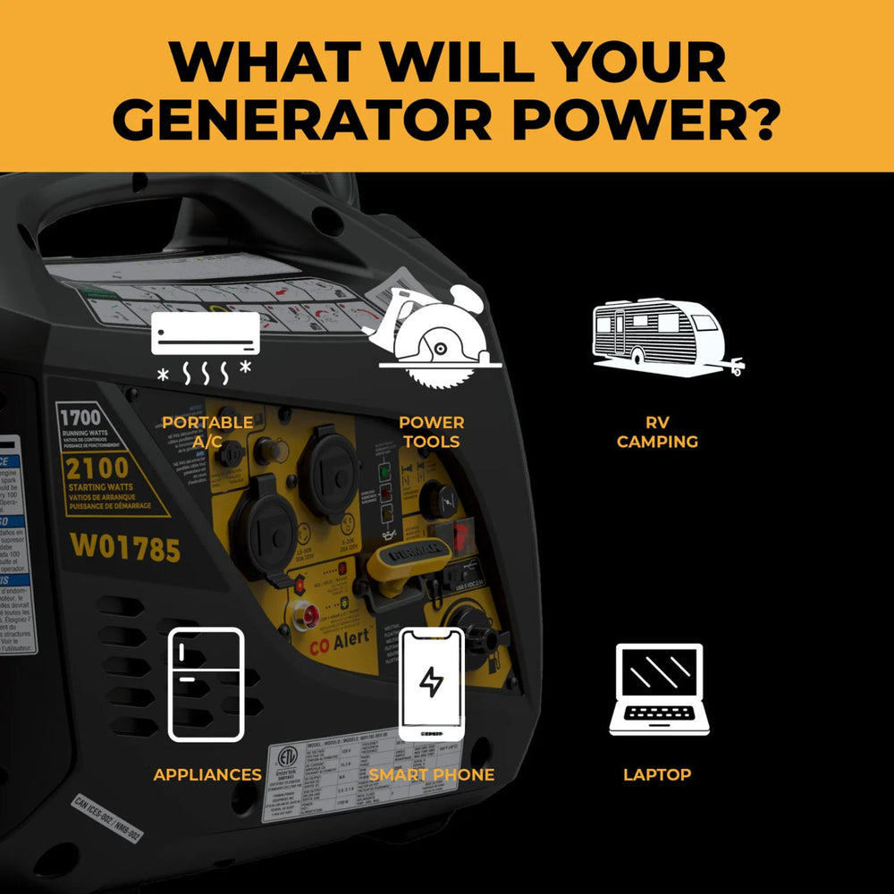 Firman W01785 Gasoline 1700W/2100W Inverter Portable Generator | Recoil Start | CO Alert