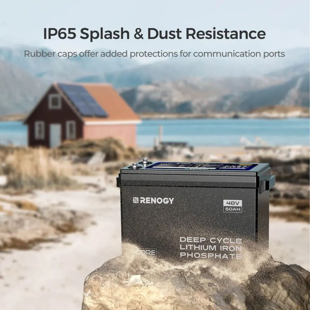 Renogy 48V 50Ah Smart Lithium Iron Phosphate Battery with scenic background