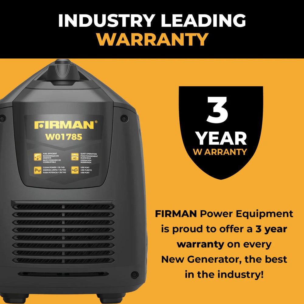 Firman W01785 Gasoline 1700W/2100W Inverter Portable Generator | Recoil Start | CO Alert