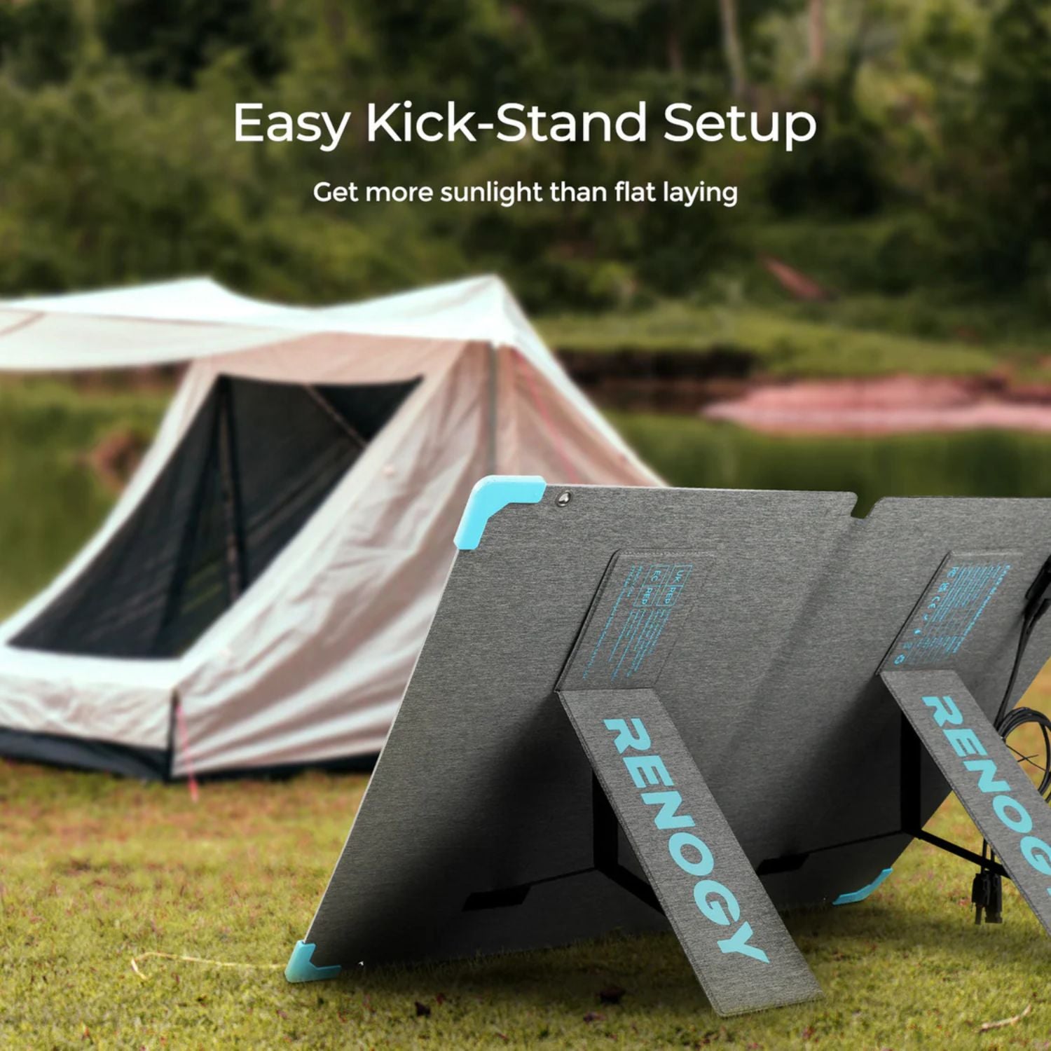 Renogy E.FLEX 80W Portable Solar Panel with easy kick-stand setup in front of a tent outdoors