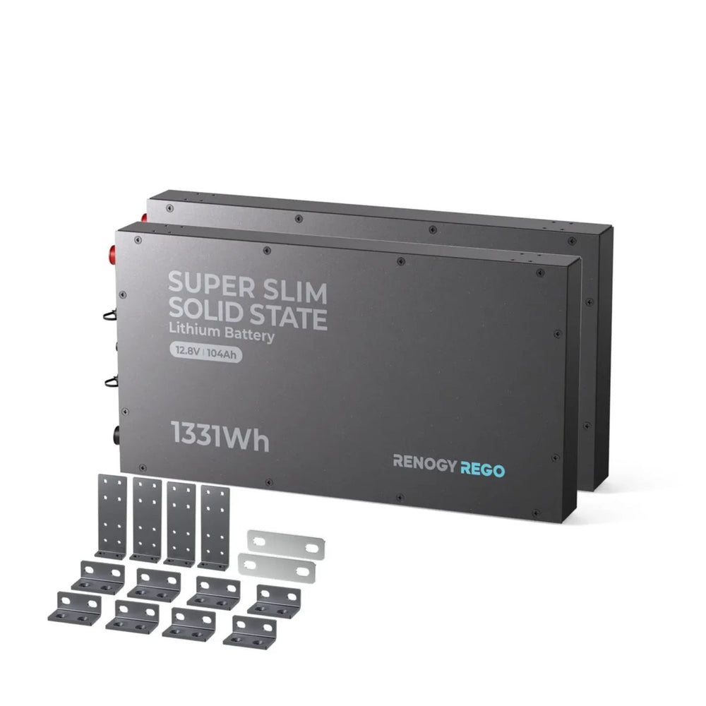Two Renogy 12V 104Ah Super Slim Lithium Iron Phosphate Battery with mounting brackets on a white background