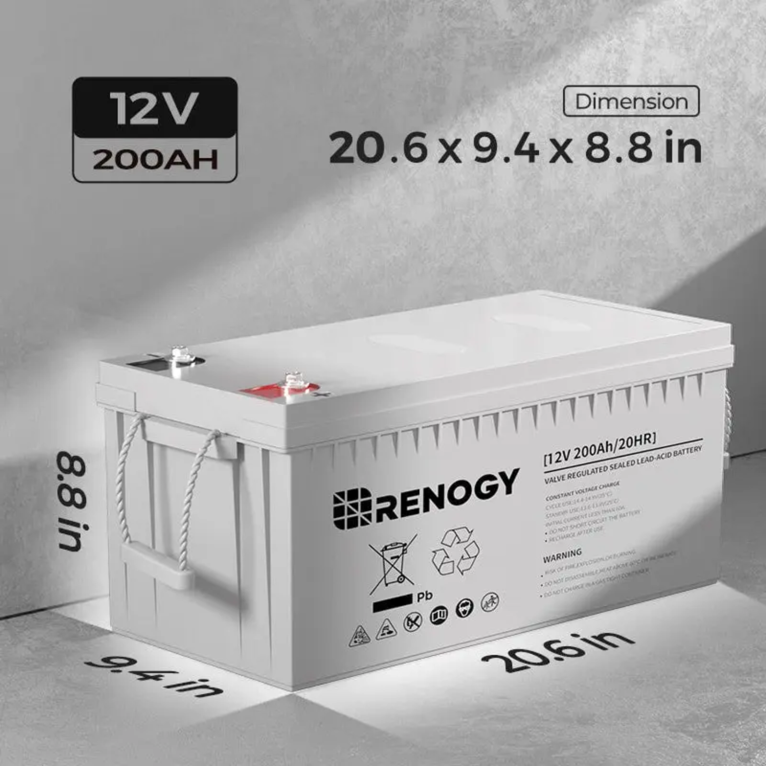 Renogy 200Ah 12V Cycle AGM Battery with dimensions and specifications on a gray background