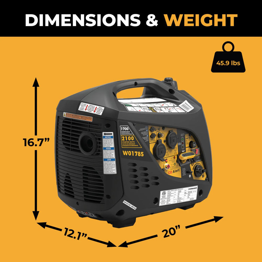 Firman W01785 Gasoline 1700W/2100W Inverter Portable Generator | Recoil Start | CO Alert