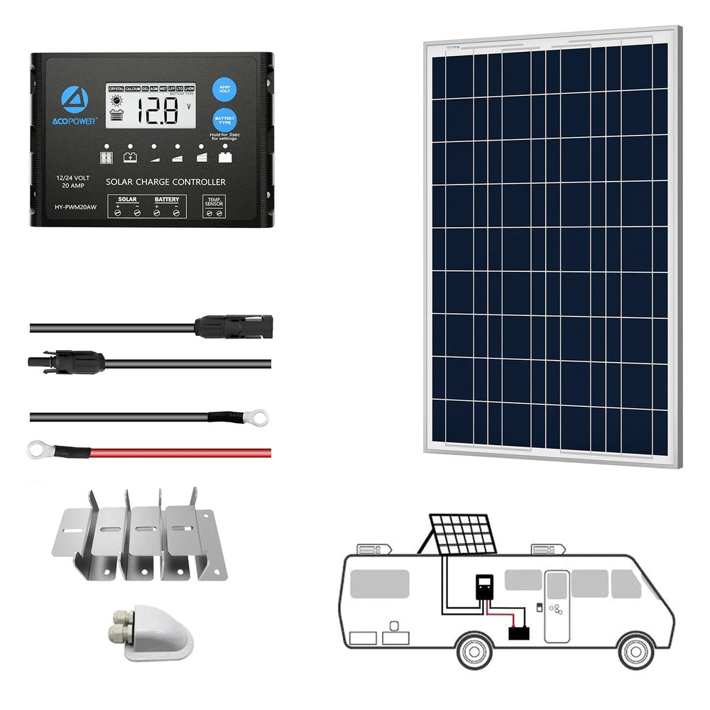 ACOPOWER 12V Polycrystalline Solar RV Kits + MPPT / PWM Charge Controller - 100W PWM20A