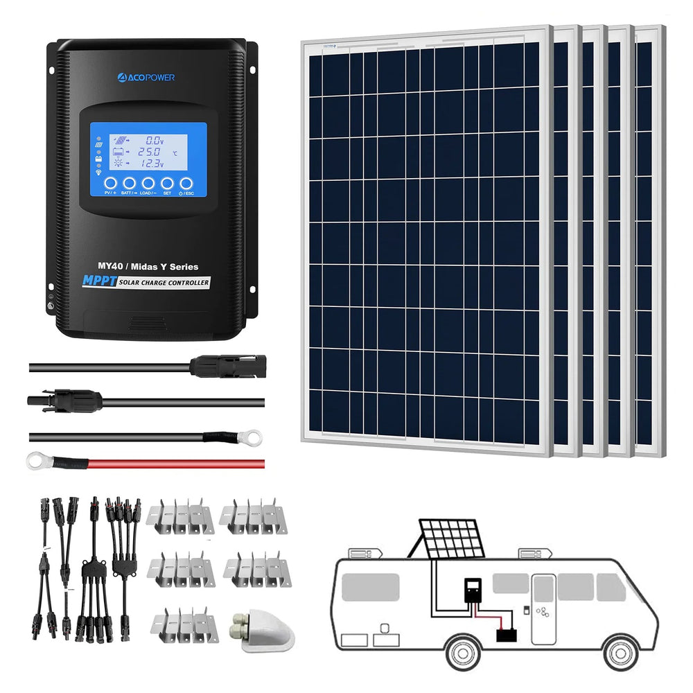 ACOPOWER 12V Polycrystalline Solar RV Kits + MPPT / PWM Charge Controller - 500W MPPT40A