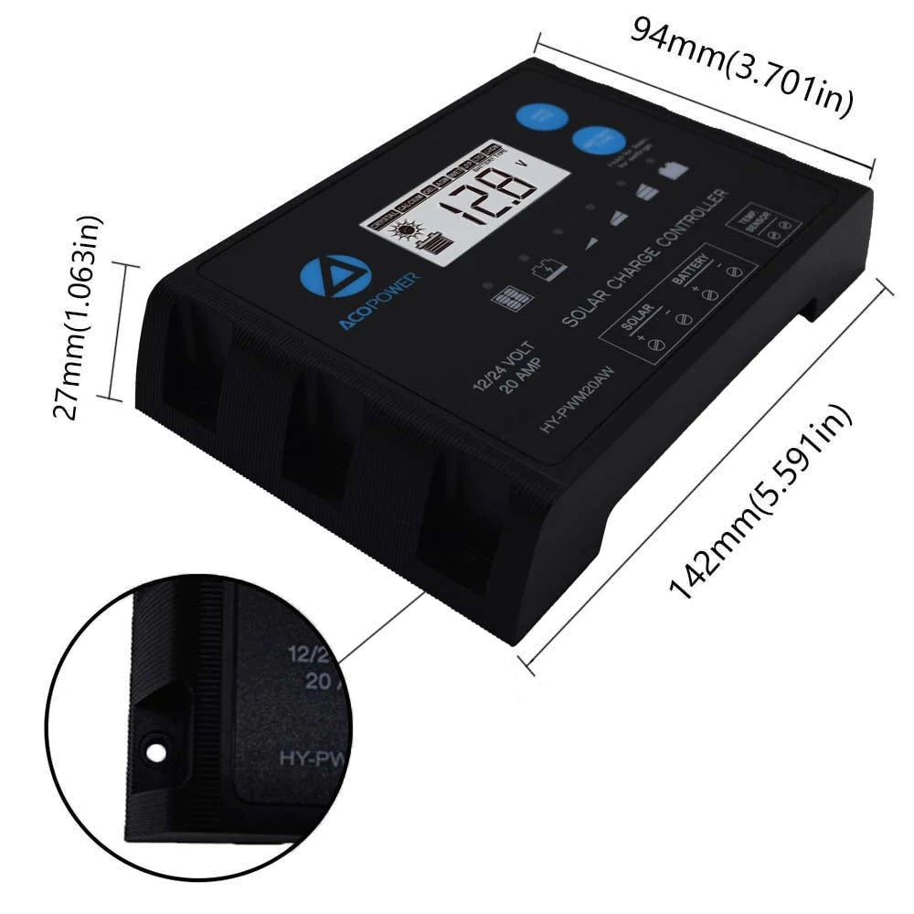 ACOPOWER 12V Polycrystalline Solar RV Kits PWM Charge Controller Dimension