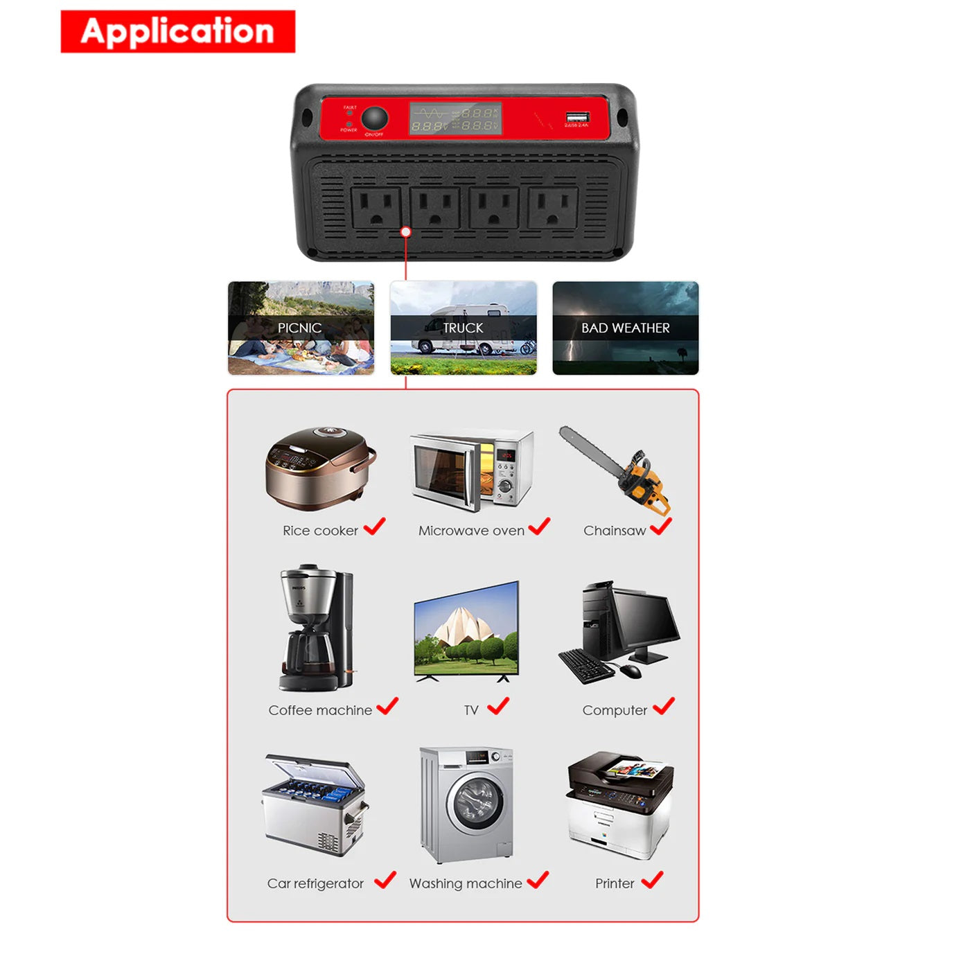 ACOPOWER 1500W Power Inverter 12VDC to 120VAC Applications