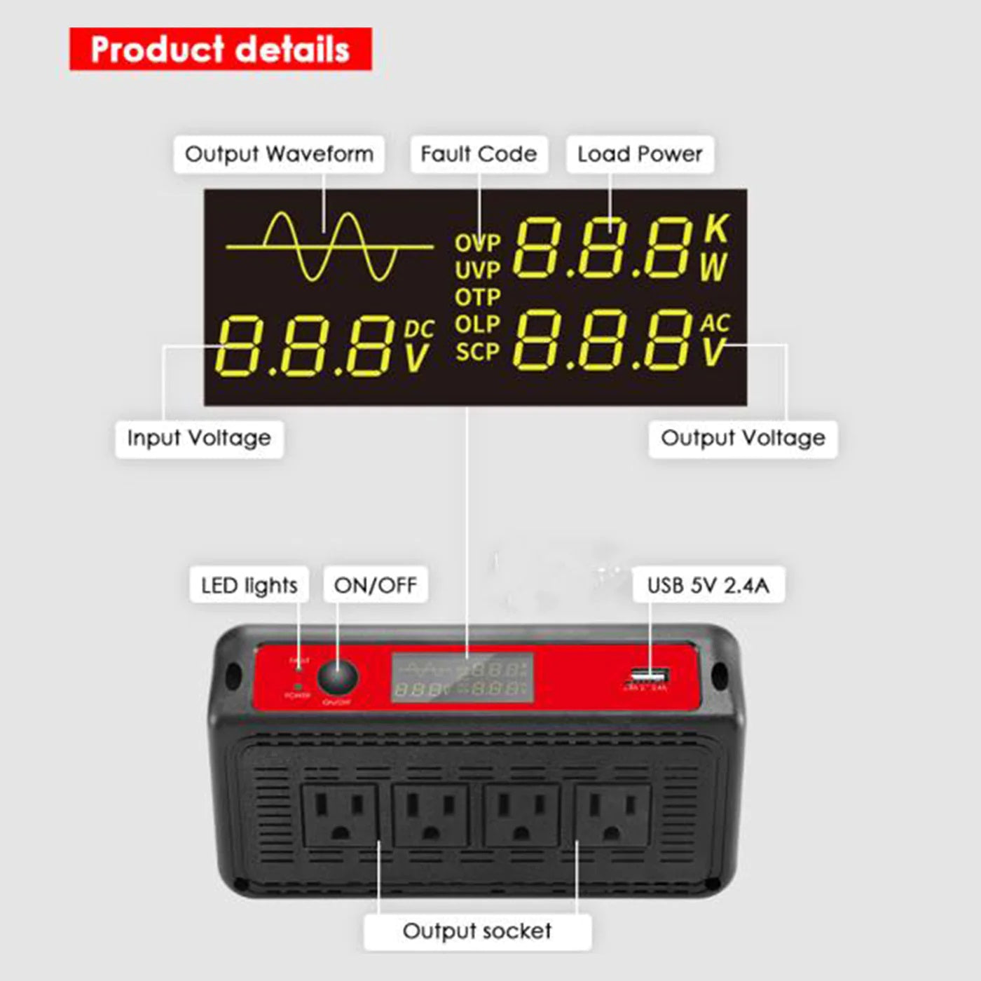 ACOPOWER 1500W Power Inverter 12VDC to 120VAC Details 