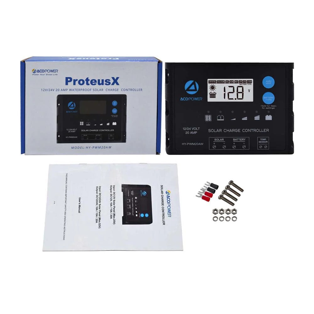 ACOPOWER 20A ProteusX Waterproof PWM Solar Charge Controller full package